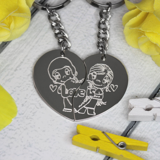 Парные брелки "Две половинки сердца" с гравировкой на заказ