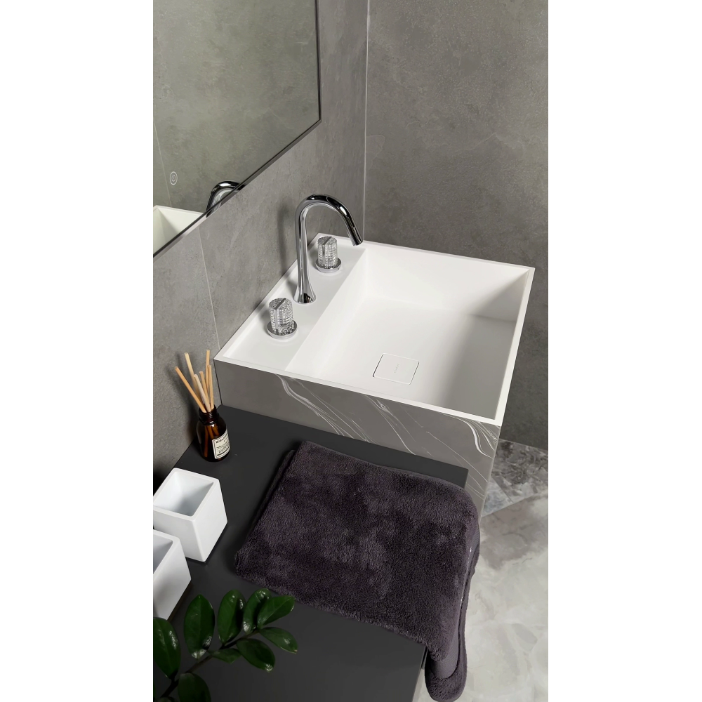 Раковина напольная Boheme Cube 802-GR 48х48х85 Corian Grey base+white veins