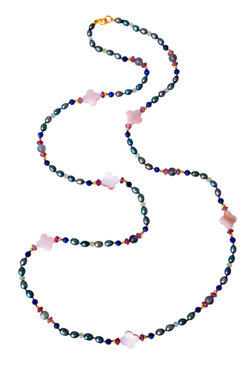 Бусы Ночная Фиалка, лазурит, лабрадор, жемчуг, фурнитура с премиальным золочением