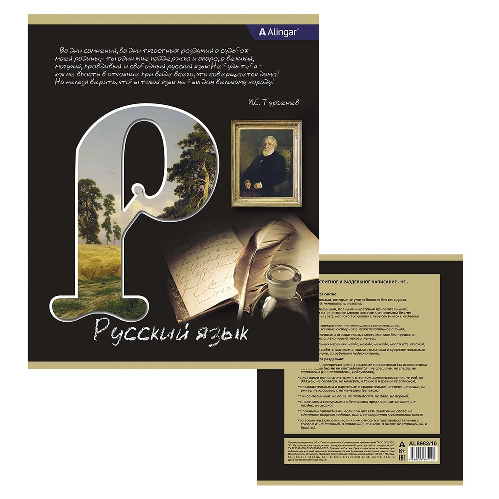 Тетрадь предметная 36л. А5 "Русский язык " со справочным материалом, скрепка, мелованный картон (стандарт), блок офсет, Alingar "К доске!"