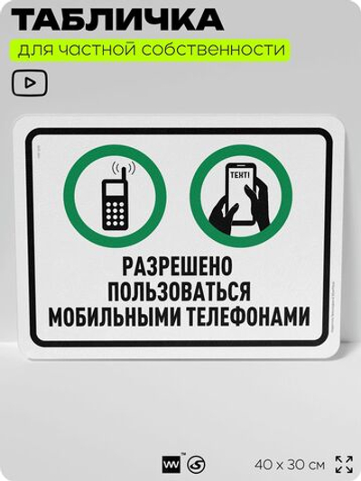 Табличка для частной территории "Разрешено пользоваться мобильными телефонами", на дом, для участка, организаций и частных территорий, предупреждающая, 40х30 см, Silver Plane x Айдентика Технолоджи