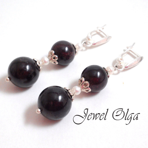 Длинные серьги с грнатом и жемчугом "Искушение"