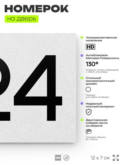 Номер на дверь 524, табличка на дверь для офиса, квартиры, кабинета, аудитории, склада, белая 120х70 мм, Айдентика Технолоджи