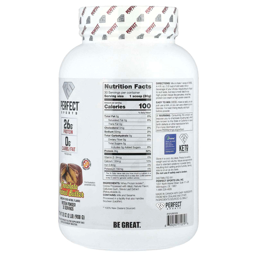PERFECT Sports, Diet, новозеландский сывороточный изолят, шоколад и арахисовое масло, 908 г (2 фунта)