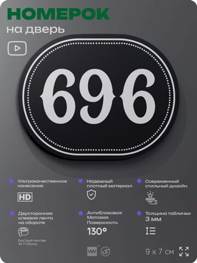 Номерок на дверь квартиры 696, для кабинета, офиса, шильдик 9 х 7 см, черный, Айдентика Технолоджи