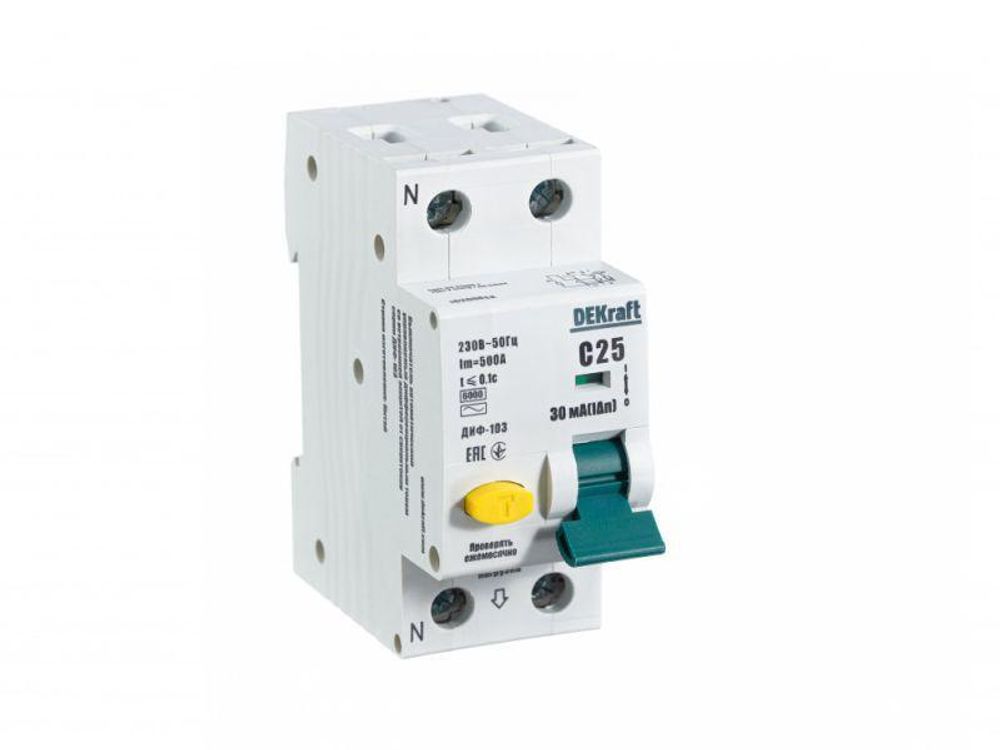 Выключатель автоматический дифференциального тока 2п (1P+N) C 25А 30мА тип AC 6кА ДИФ-103 DEKraft 16206DEK Выключатель автоматический дифференциального тока 2п (1P+N) C 25А 30мА тип AC 6кА ДИФ-103 DEKraft 16206DEK
