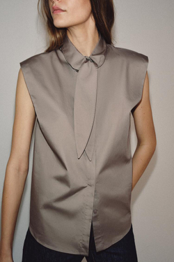 ZARA РУБАШКА С ЗАВЯЗКАМИ — ZW COLLECTION, СЕРЫЙ