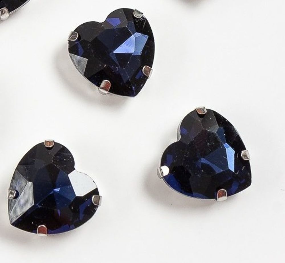Стразы пришивные стекло в оправе "Сердечко", р. 16 мм, тёмно-синий
