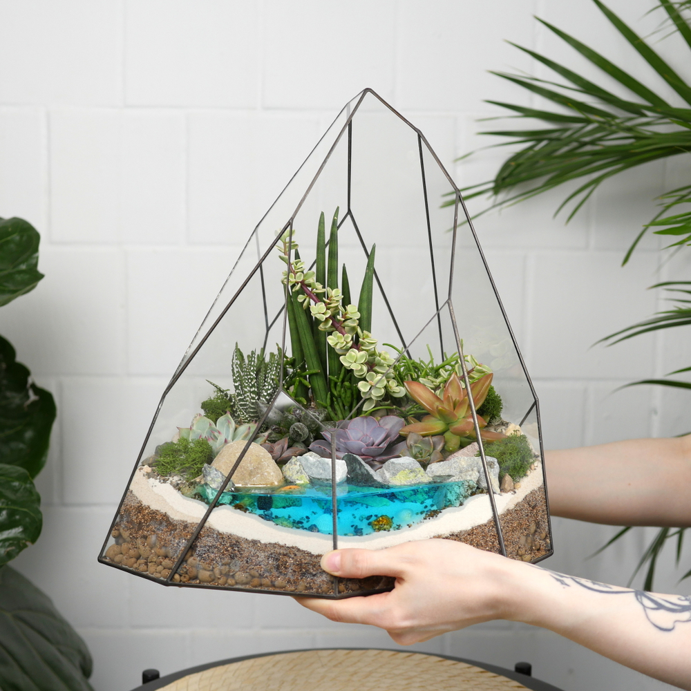 Готовый флорариум с суккулентами Эверест с озером