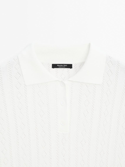 Massimo Dutti Трикотажный свитер из смесового хлопка с воротником поло, натуральный, кремовый