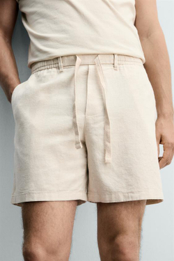 ZARA ШОРТЫ RELAXED FIT ИЗ ХЛОПКА И ЛЬНА, СВЕТЛО-БЕЖЕВЫЙ