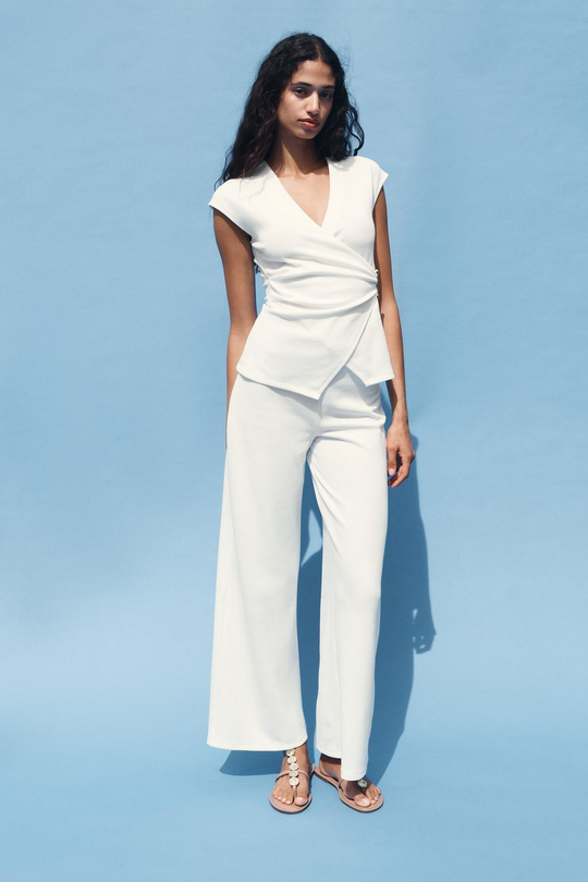 ZARA ШИРОКИЕ БРЮКИ С ТЕКСТУРНЫМ УЗОРОМ, ЖЕЛТОВАТО-БЕЛЫЙ