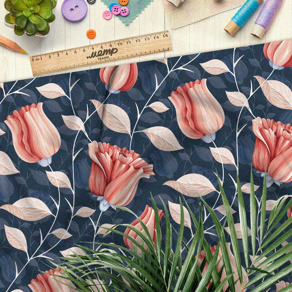 Ткань ниагара пастельные бутоны роз на синем фоне