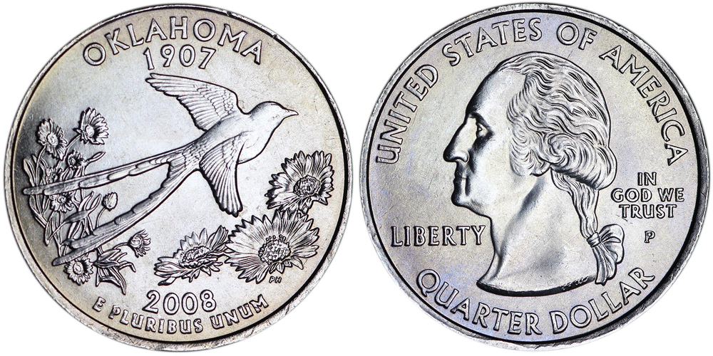 США 25 центов 2008 P Штат Оклахома XF