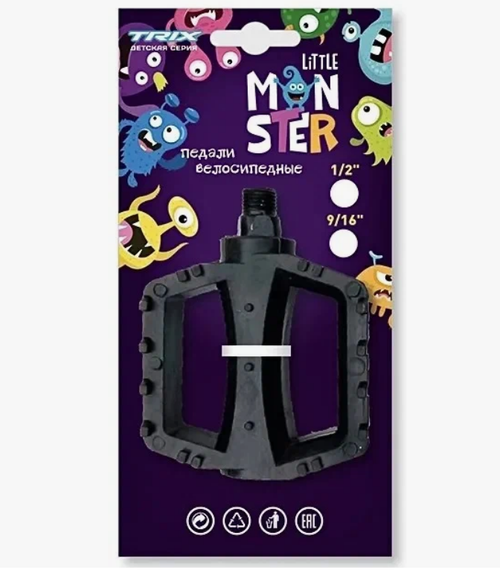 Педали детские TRIX Little Monster, пластиковые, 100x80мм, резьба 9/16", с шипами, черные (60)