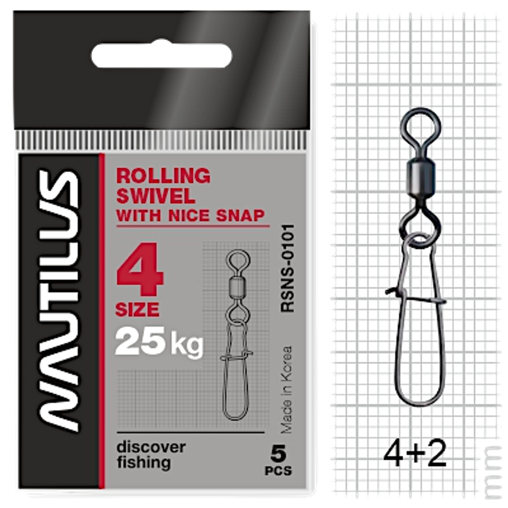 Вертлюг с застёжкой Nautilus RSNS-0101 08# 12кг 5шт Rolling Swivel RN-0101 with Nice Snap