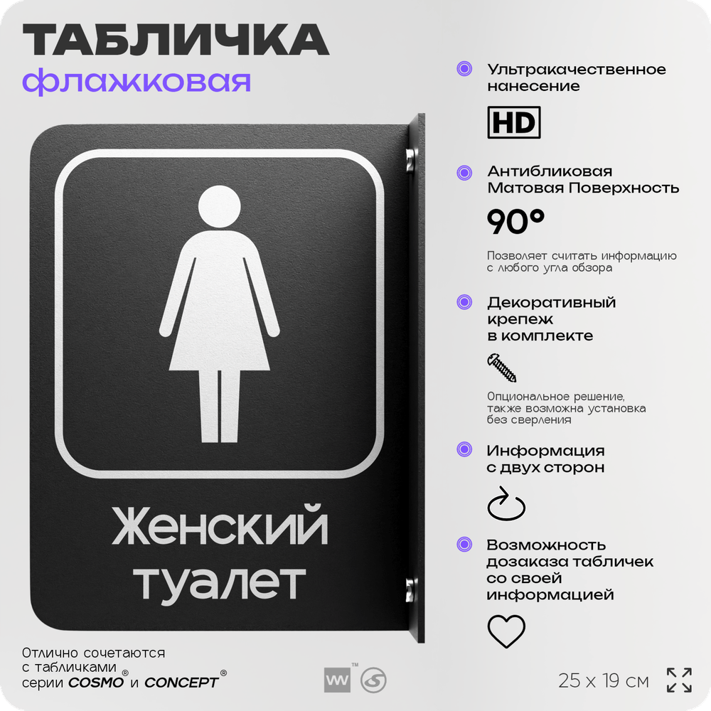 Табличка Женский туалет флажковая на стену, двусторонняя с крепежом, 19 х 25 см, для офиса, кафе, отеля, серия COSMO, Айдентика Технолоджи