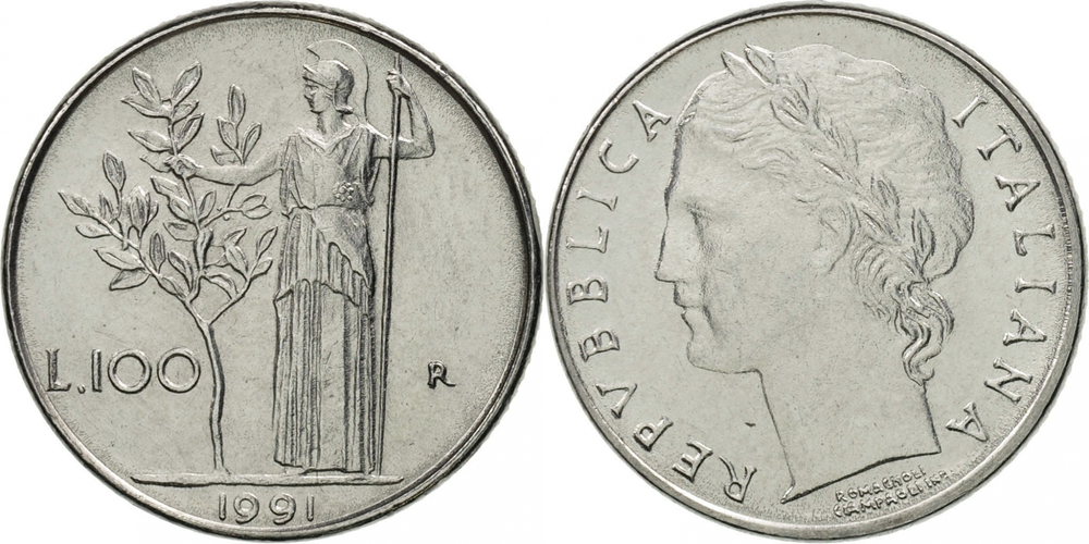 Италия 100 лир, 1990-1992 Богиня Минерва UNC