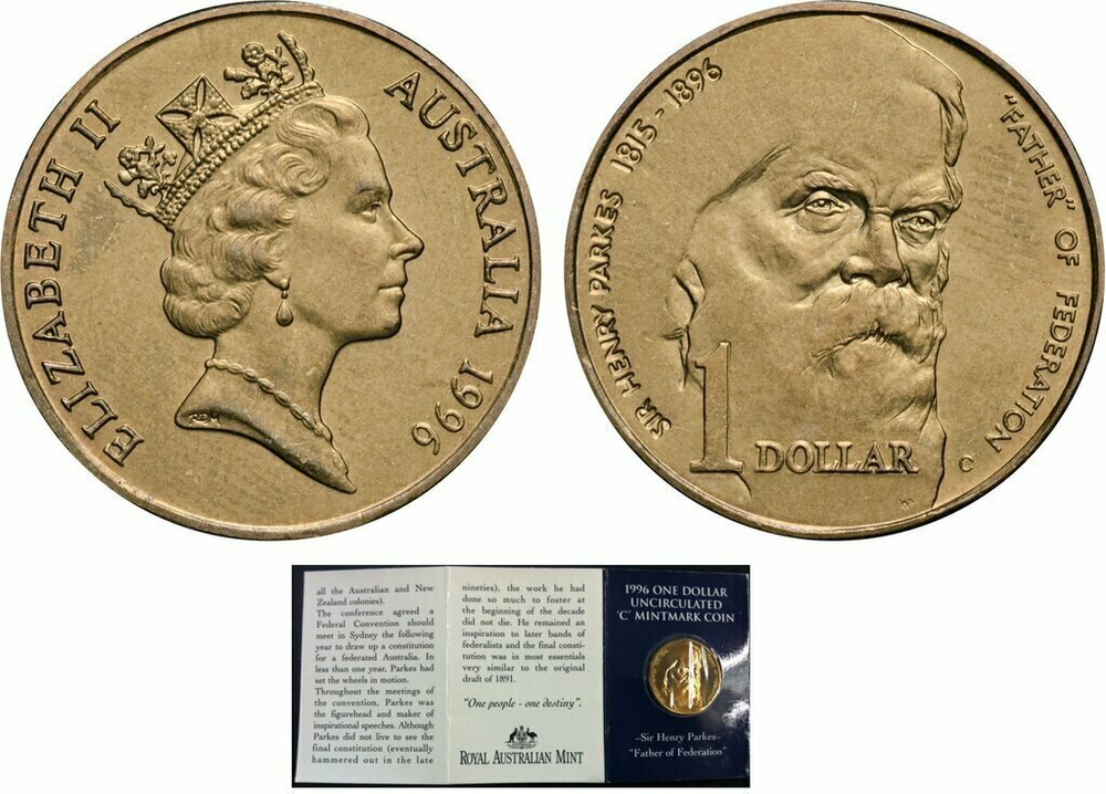 Австралия 1 доллар, 1996 100 лет со дня смерти сэра Генри Паркса