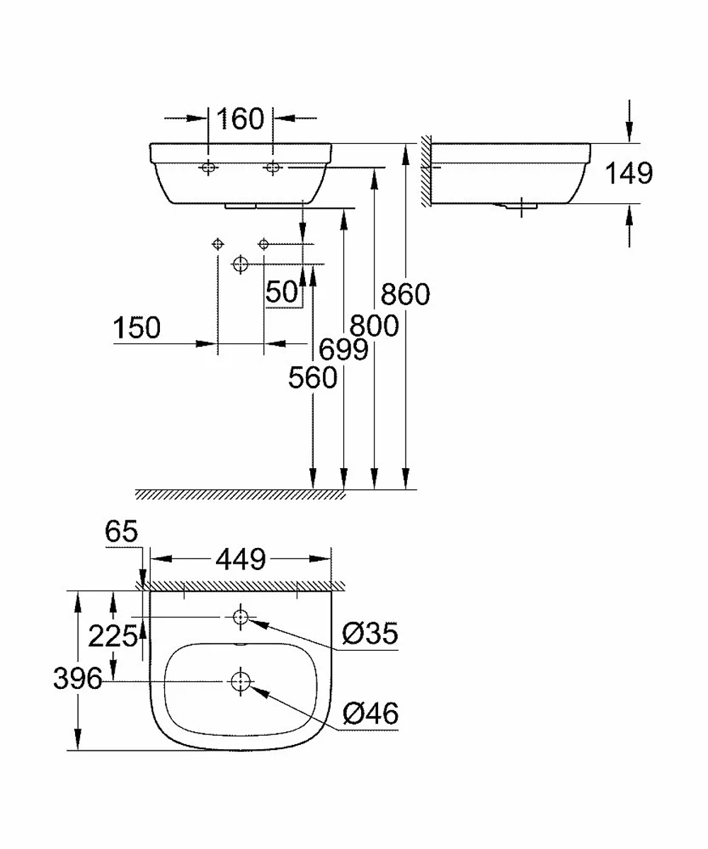 Раковина на полупьедестале Grohe Euro Ceramic 45 белая