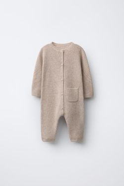 ZARA КОМБИНЕЗОН ИЗ ТРИКОТАЖА С ЖЕМЧУЖИНАМИ, ПЕСОЧНЫЙ МЕЛАНЖ