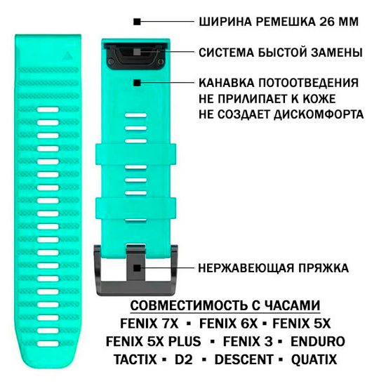 Ремешок силиконовый 26 мм. Premium для Garmin Fenix 7x/6x/5x/5x plus/3, Descent, Tactix, Enduro, D2, быстросъемный QuickFit (Мятный)