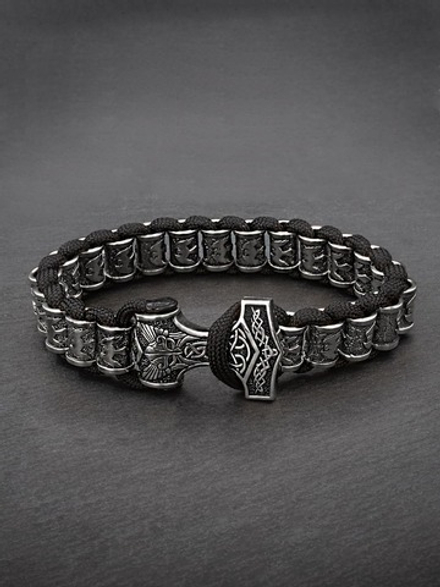 Браслет Ворон из серебра 925 пробы с застежкой молот Тора
