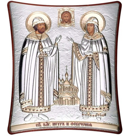 Икона Петр и Феврония Муромские в серебре. 16 х 20 см.