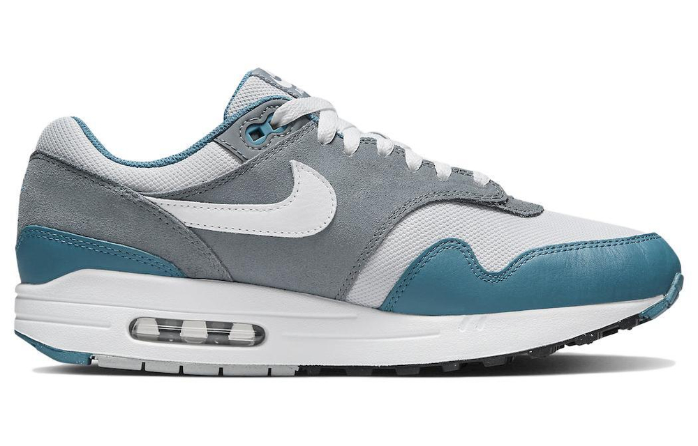 Nike Air Max 1 trendy all-match sports leather fabric shock absorption and wear-resistant low-cut casual running shoes men's gray, blue and white