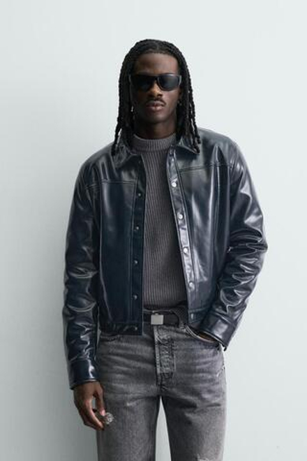 ZARA КУРТКА-РУБАШКА С ЭФФЕКТОМ ВИНИЛА, МОРСКОЙ ТЕМНО-СИНИЙ