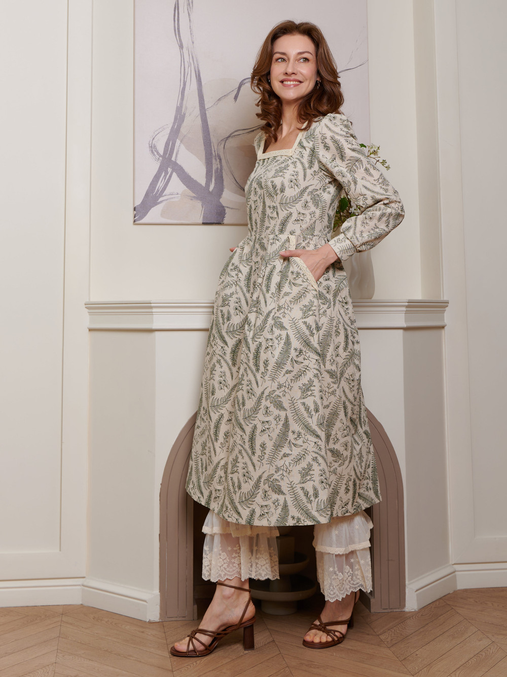 Платье лен с квадратным вырезом