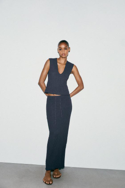 ZARA ЮБКА МИДИ С ТЕКСТУРОЙ, СВИНЦОВЫЙ