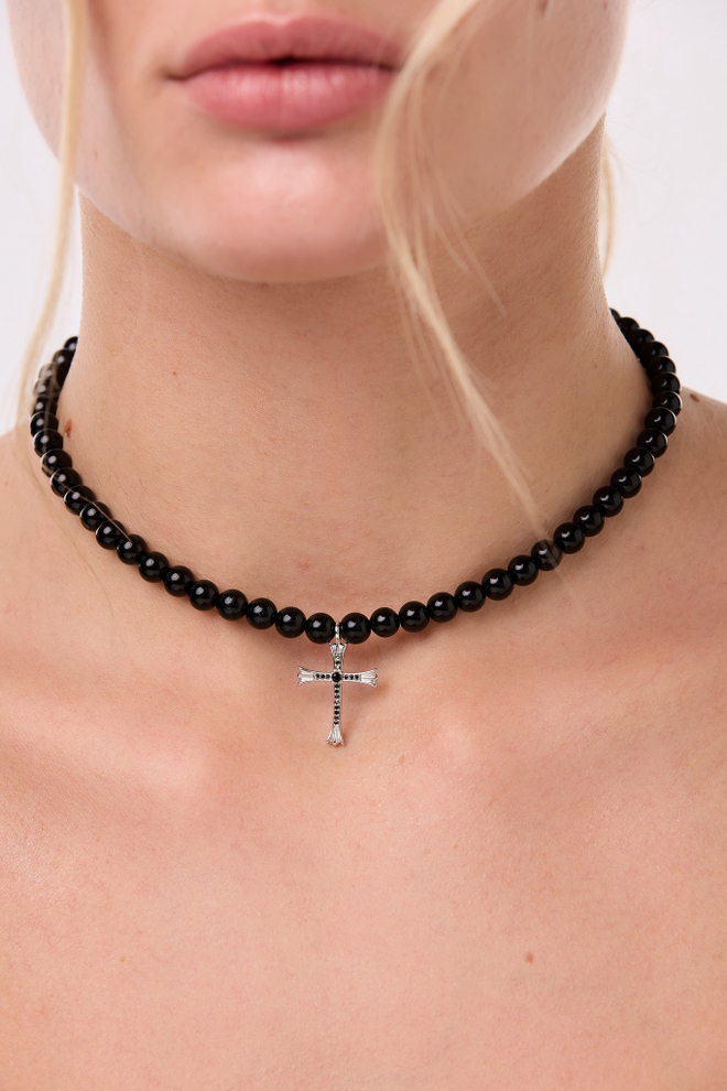 Колье черный агат с крестом крупный
