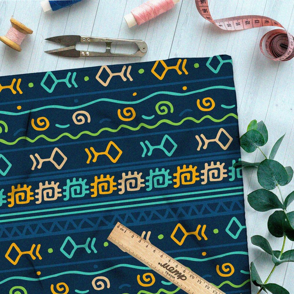 Ткань таффета разноцветные символы и руны на тёмно-синем фоне