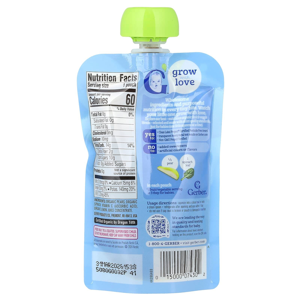 Gerber, органическое пюре 2nd Foods, груша и шпинат, 99 г (3,5 унции)