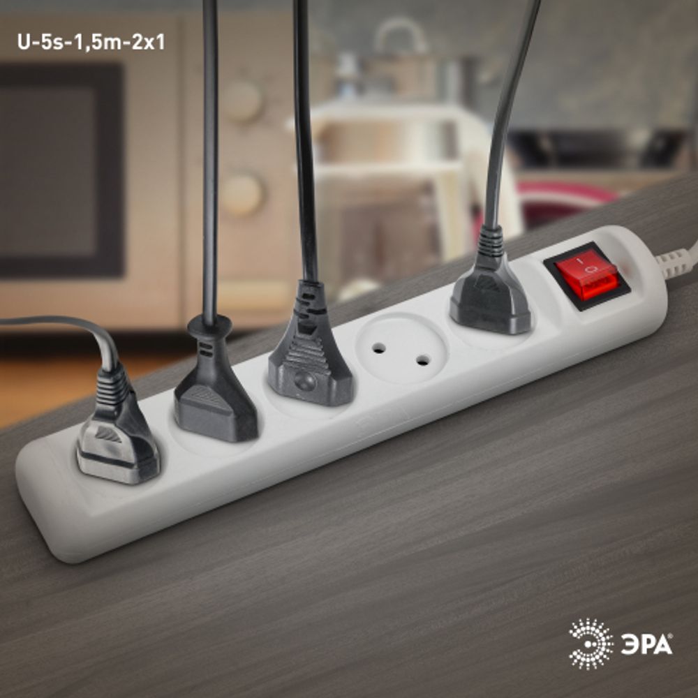 Удлинитель электрический ЭРА U-5s-1,5m-2x1 без заземления c выключателем 5 розеток 1,5м ПВС 2x1мм2 10А