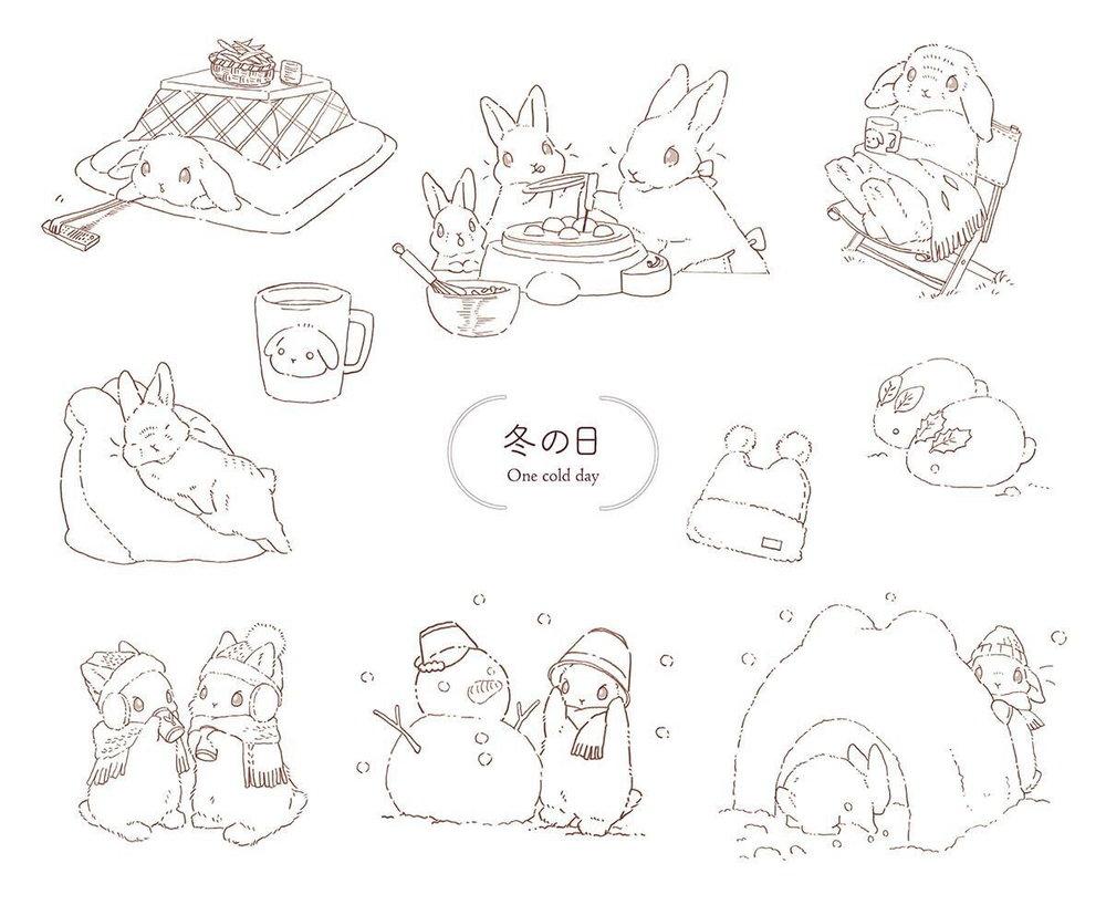 Rabbits and Nostalgic Japanese Scenery. Coloring Book