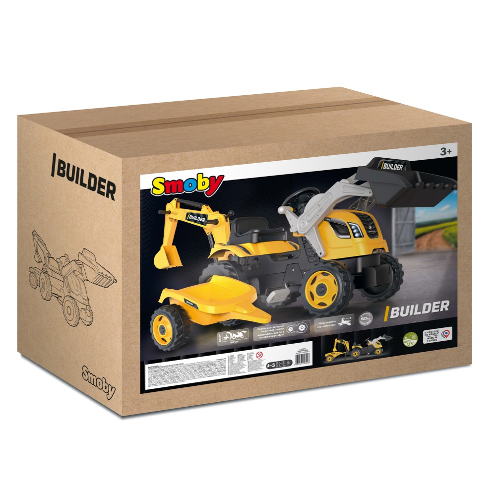 Детский педальный трактор Smoby Builder MAX 710304 с ковшом экскаватором и прицепом жёлтый от 3 лет — фото 1