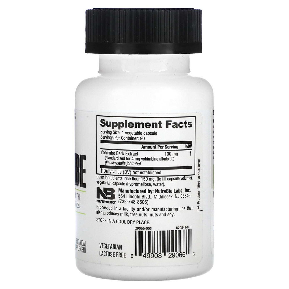 NutraBio, Йохимбе, 90 капсул (100 мг на капсулу)
