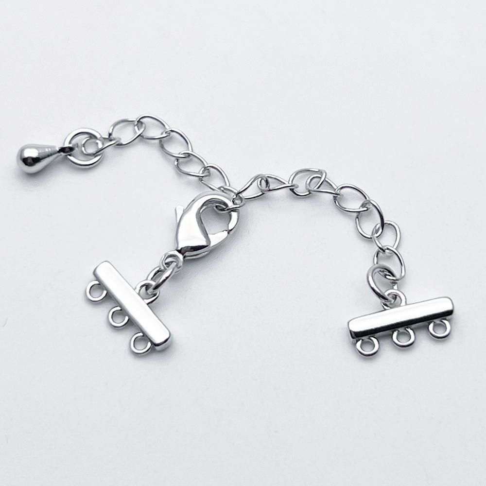 Замок-карабин с разделителями на 3 нити, цвет серебро (родий), размер карабина 10 мм, размер разделителя 10*5 мм, цена за 1 шт