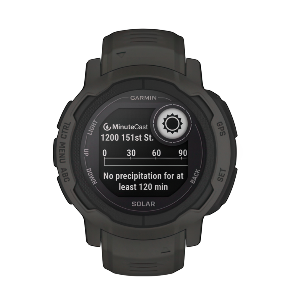 Спортивные часы Garmin Instinct 2 Solar, 45 мм, силиконовый ремешок графитового цвета Дисплей Solar со стеклом Power Glass. Ремешок с классической застёжкой — на запястье обхватом 135–230 мм