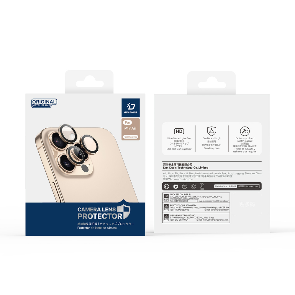Защитное стекло на объективы камеры для iPhone Air, серия HAWK Series от Dux Ducis, рамки из алюминия золотистого цвета (Light Gold)