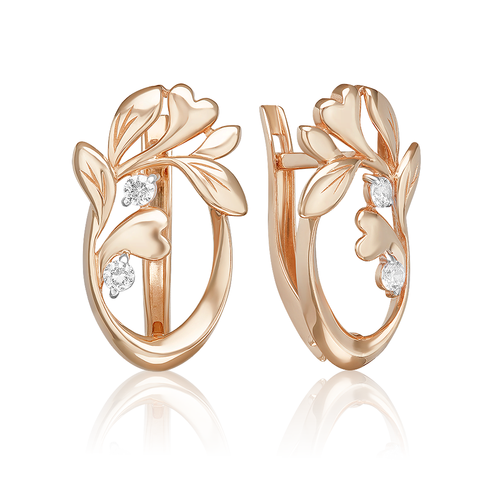 Серьги «Цветущее дерево» с английским замком из красного золота с фианитами