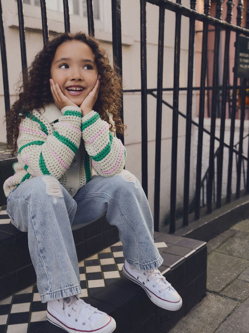 Кардиган вязаный с воротником для девочки Next E25-053, Кремовый, Зеленый