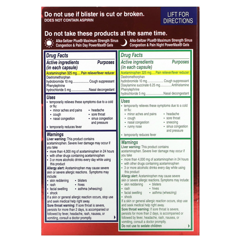 Alka-Seltzer Plus, Гели для лечения заложенности носовых пазух и боли PowerMax, максимальная эффективность, дневной и ночной режим, 24 жидких геля