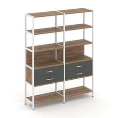 Shelf System Двухсекционный стеллаж пятиярусный с ящиками SN.STM-522 Дуб Табак/Антрацит/Металл Белый