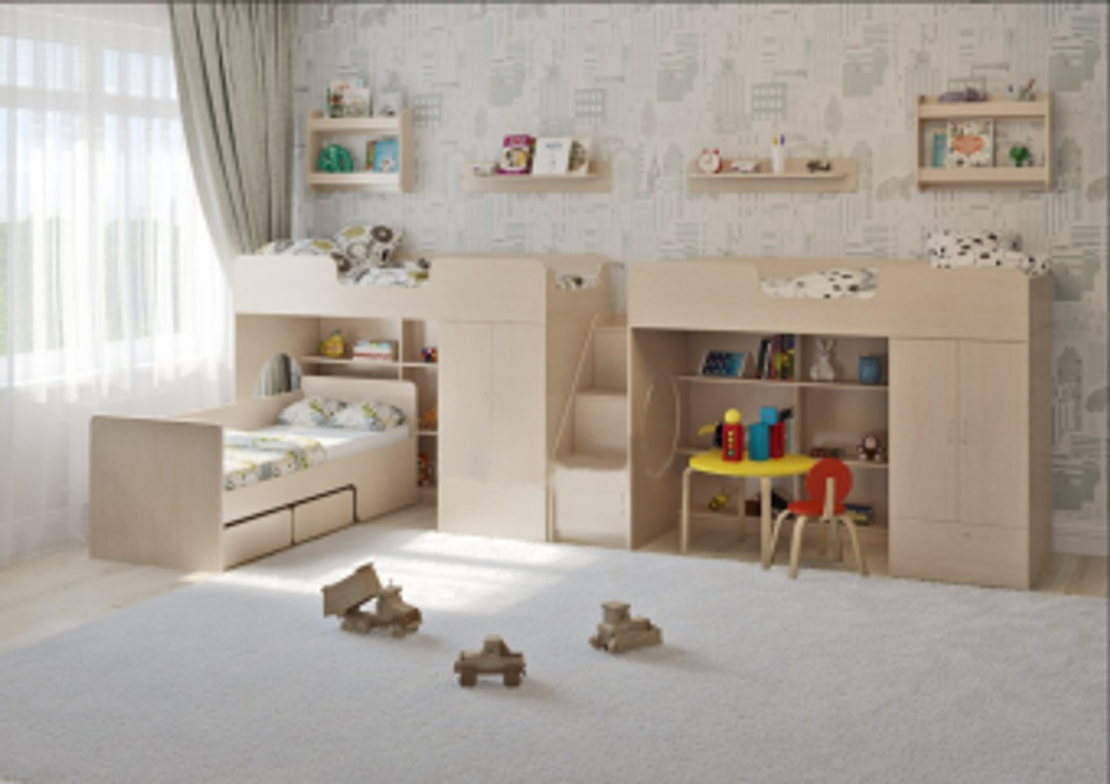 Трехъярусная кровать КарИВи Легенда 3.15  Дуб Молочный  Дуб Молочный