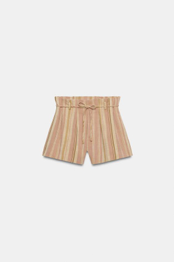 ZARA ШОРТЫ В ПОЛОСКУ С ПОЯСОМ — ZW COLLECTION, РОЗОВЫЙ МЕЛАНЖ