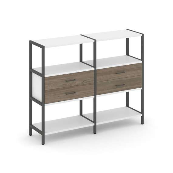 Shelf System Двухсекционный стеллаж трехярусный с ящиками SN.STM-322 Белый/Вяз Благородный/Металл Ан