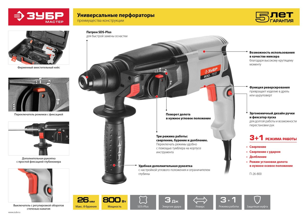 Перфоратор SDS-plus, ЗУБР П-22-650, реверс, горизонтальный, 2.3 Дж, 0-870 об/мин, 0-4850 уд/мин, 650 Вт, кейс